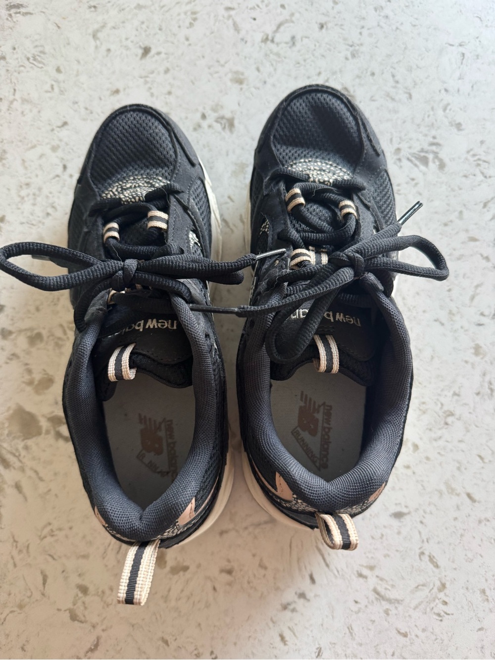 New Balance Womens Sz 6.5 Black Sneakers with Cream Accents